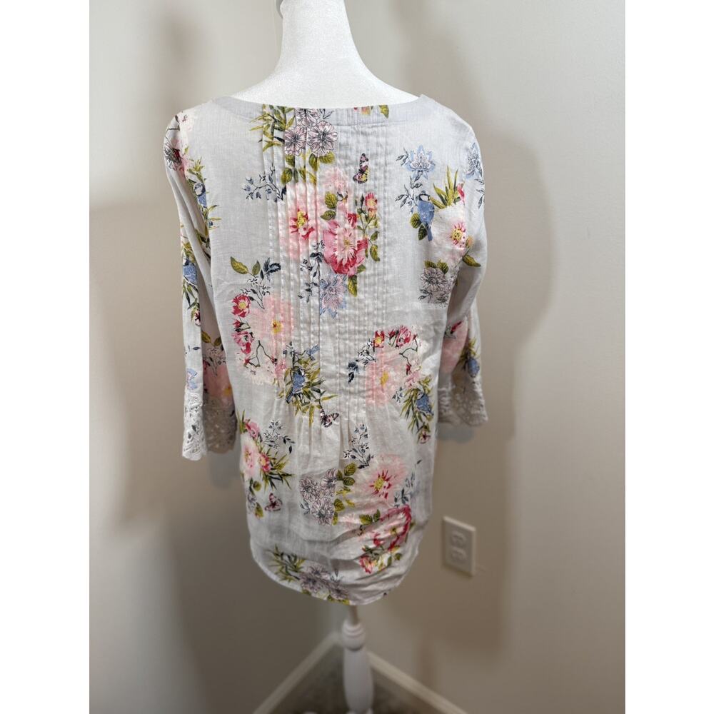 J Jill Love Linen Floral Top Size Medium Lace Trim Lagenlook Pleated Cottage - Picture 8 of 10